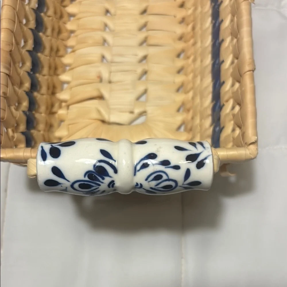 Woven Rectangular Basket with Ceramic Blue and White  Handles